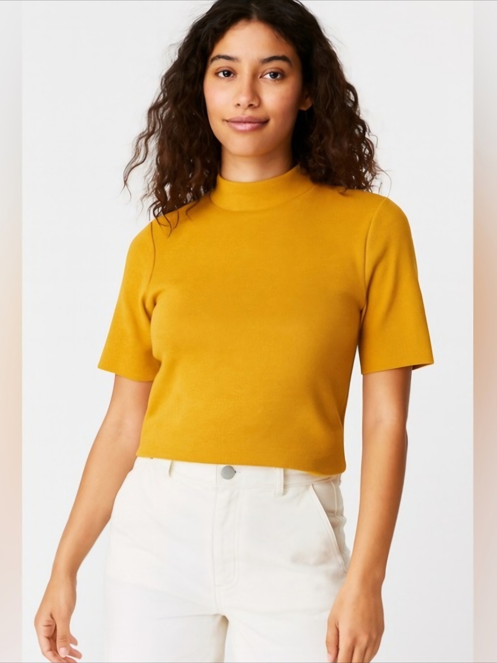 Zara Mustard Short Sleeve Mock Neck Knit Top